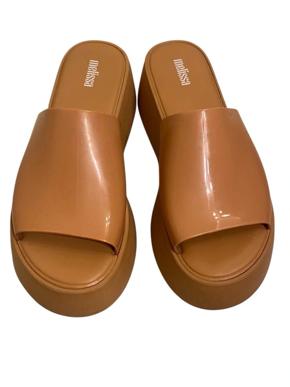 MELISSA WOMENS PLATFORM SLIDES IN CAMEL TAN SIZE 7 CHUNKY TRENDY EXPENSIVE